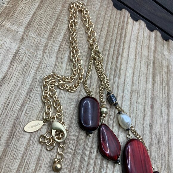 Chico's Red Beaded Gold Tone Y Chain Necklace - Picture 5 of 7